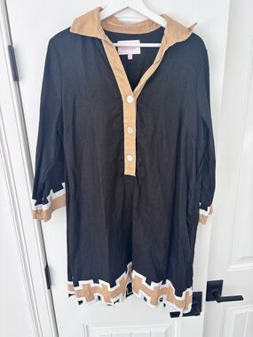 Tuckernuck 100% Linen Black Tunic with Camel Trim, sz XL